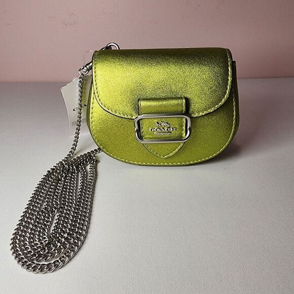 NWT COACH CP245 Morgan Card Case Chain Metallic Leather Metallic Citrine - Picture 1 of 6